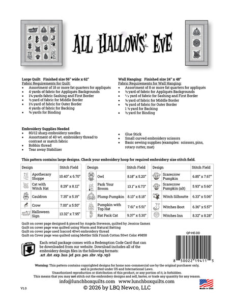 Back of the All Hallow's Eve Applique Machine Embroidery Quilt Pattern with Redemption Code Quilt Pattern by Lunch Box Quilts