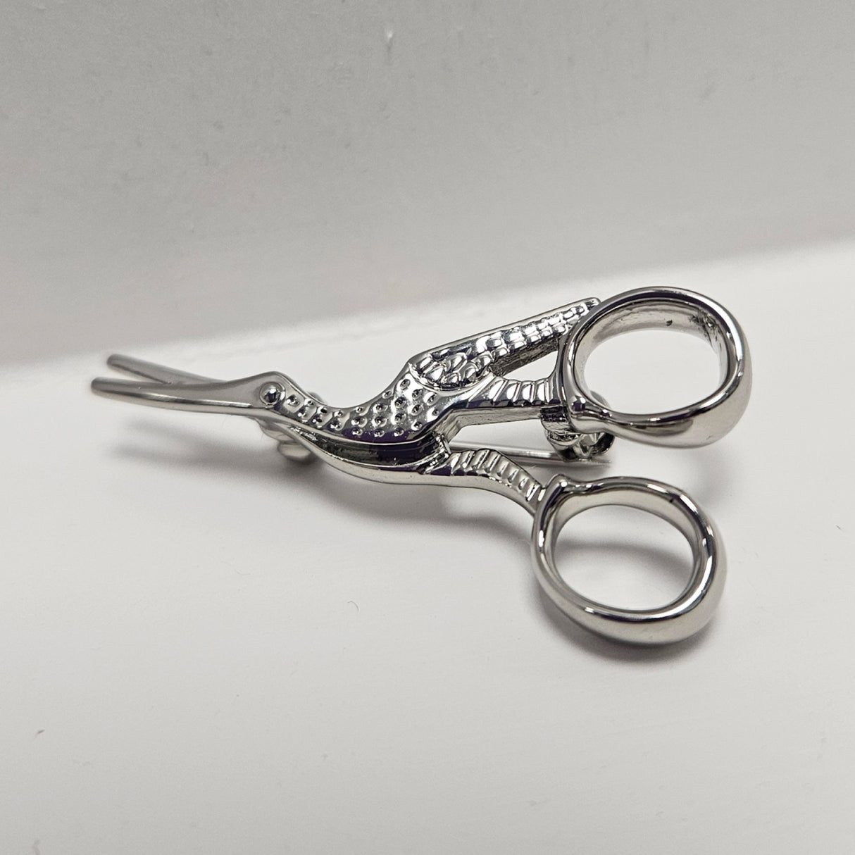 Back of the Stork Scissor Brooch Pin Silver by Quilt Spot