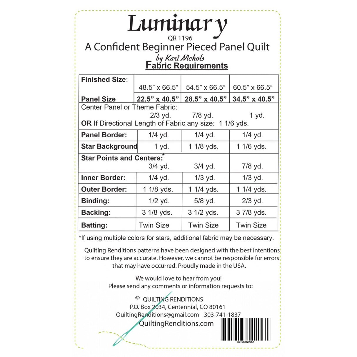 Back of the Luminary Quilt Pattern Pattern by Quilting Renditions