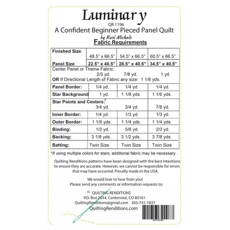 Back of the Luminary Quilt Pattern Pattern by Quilting Renditions