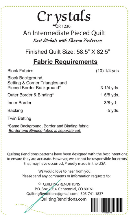 Back of the Crystals Downloadable Pattern by Quilting Renditions