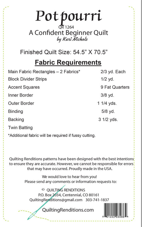 Back of the Potpourri Quilt Pattern by Quilting Renditions