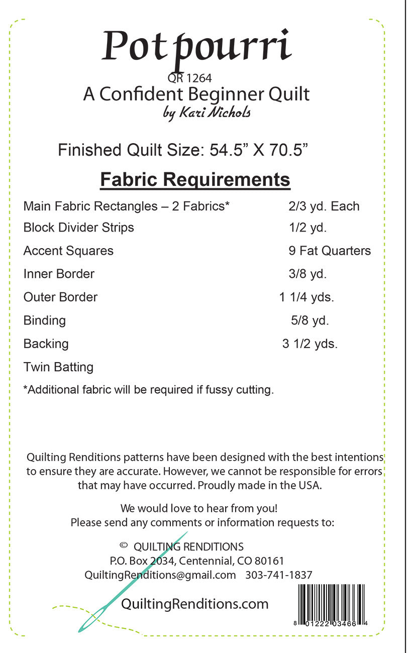 Back of the Potpourri Downloadable Pattern by Quilting Renditions