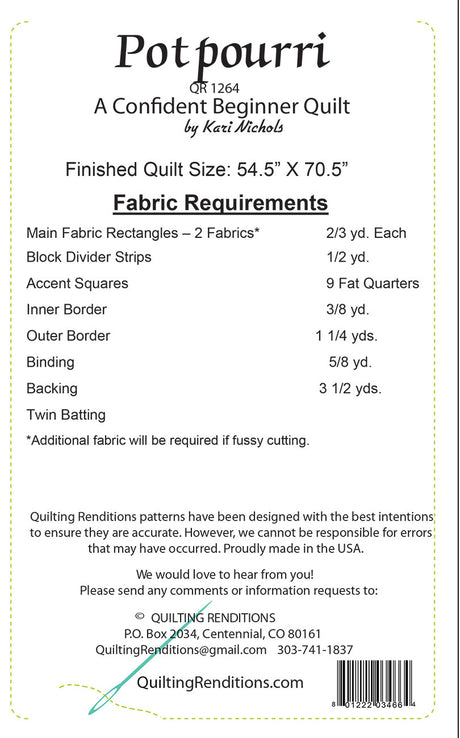 Back of the Potpourri Downloadable Pattern by Quilting Renditions