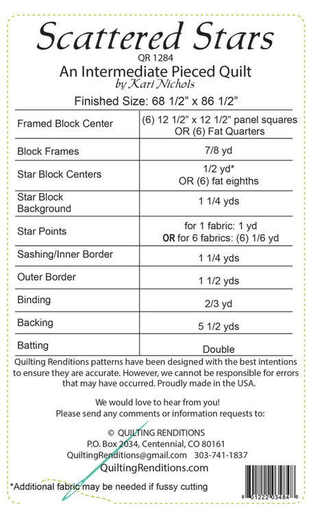 Back of the Scattered Stars Quilt Pattern by Quilting Renditions