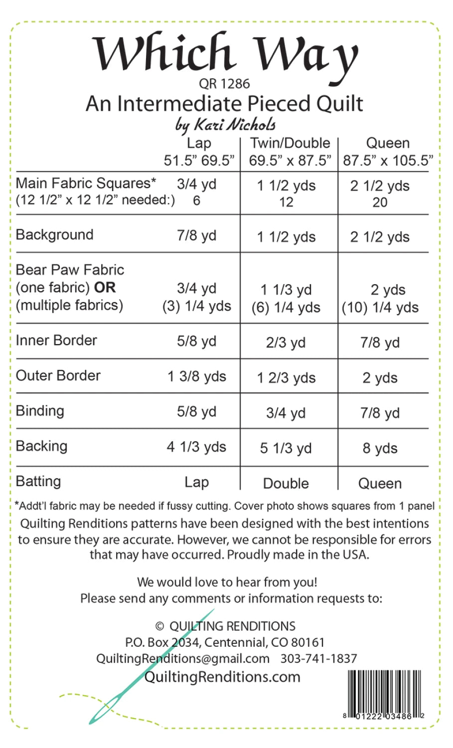 Back of the Which Way Quilt Pattern by Quilting Renditions