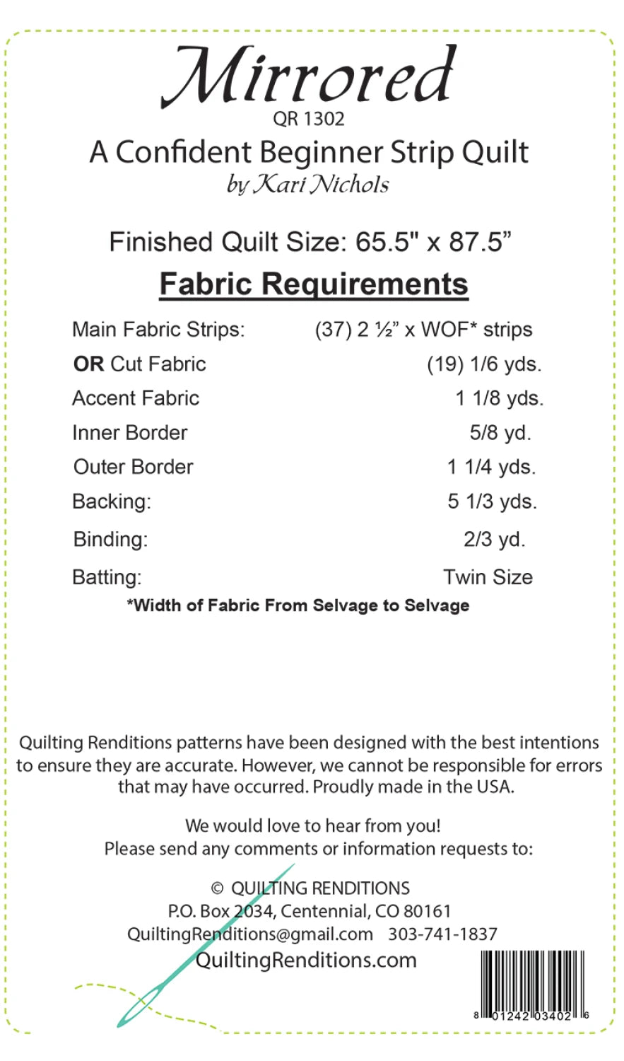 Back of the Mirrored Quilt Pattern by Quilting Renditions