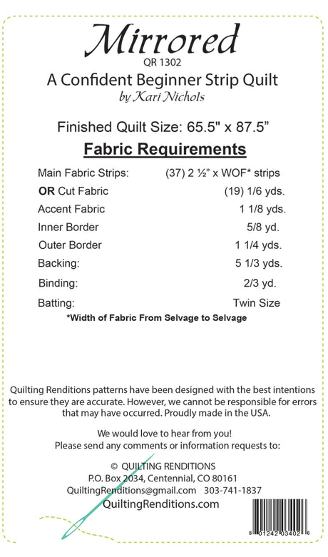 Back of the Mirrored Quilt Pattern by Quilting Renditions