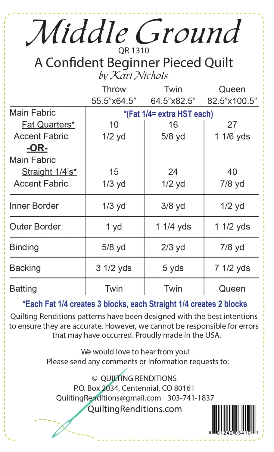 Back of the Middle Ground Quilt Pattern by Quilting Renditions