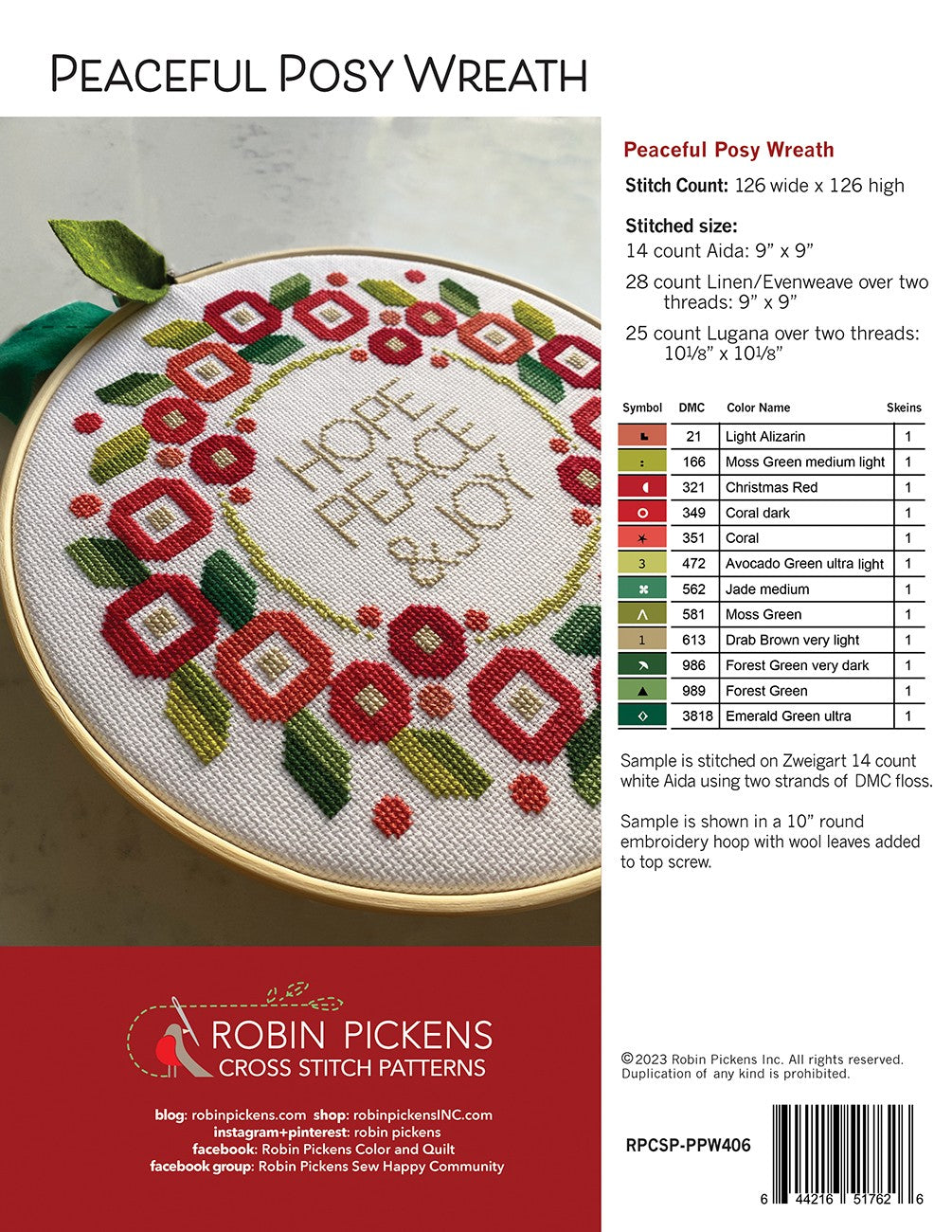 Back of the Peaceful Posy Wreath Cross Stitch Pattern by Robin Pickens, Inc