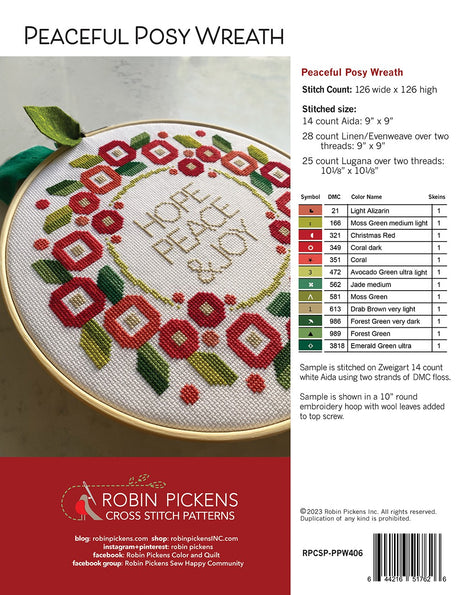 Back of the Peaceful Posy Wreath Cross Stitch Pattern by Robin Pickens, Inc