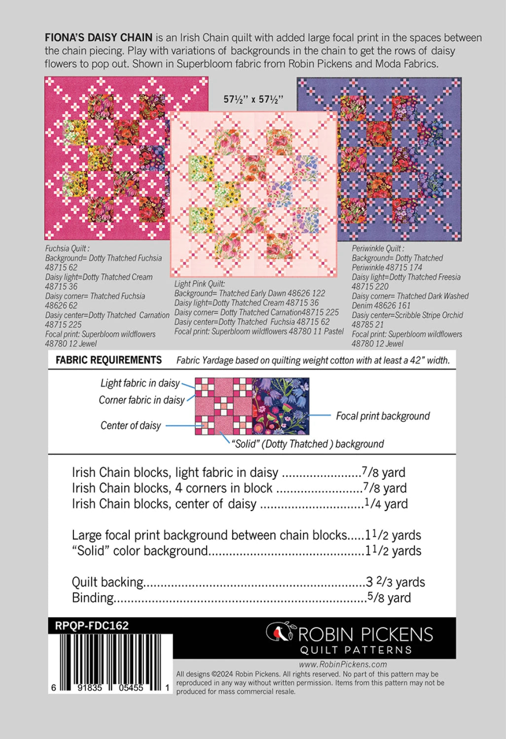 Back of the Fiona’s Daisy Chain Quilt Pattern by Robin Pickens, Inc