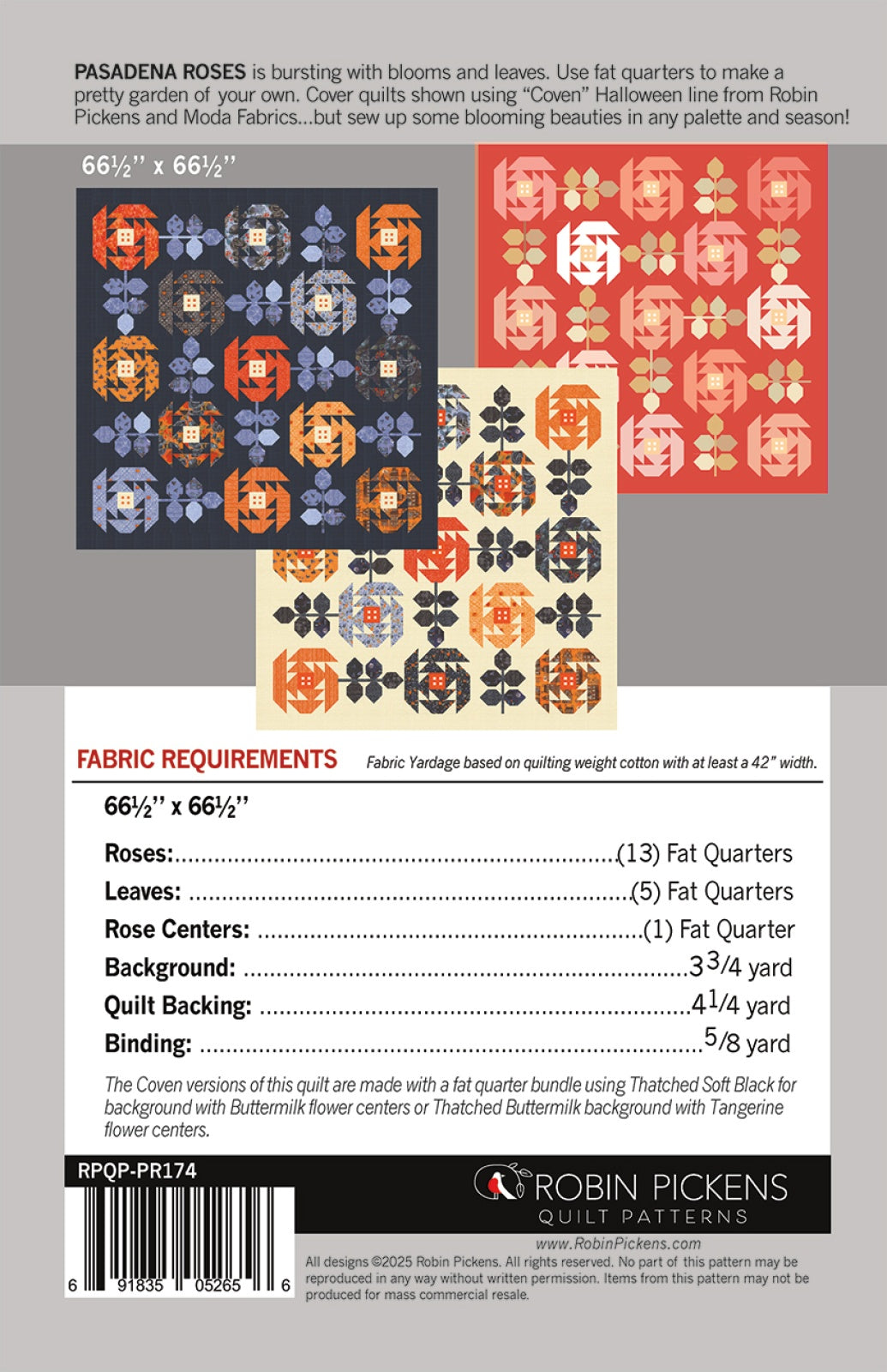 Back of the Pasadena Roses Quilt Pattern by Robin Pickens Inc