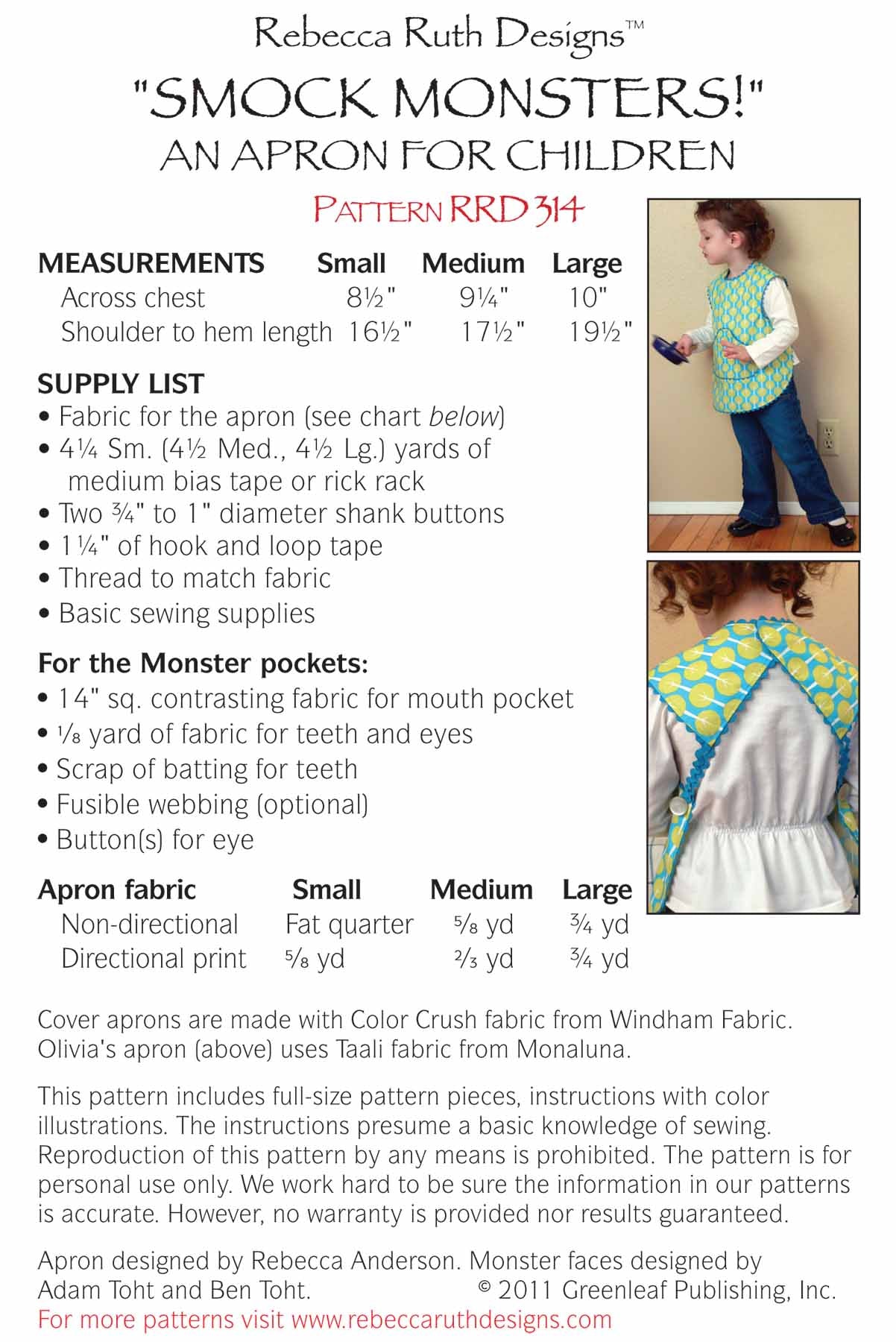 Back of the Smock Monsters Toddler Apron Pattern by Rebecca Ruth Designs