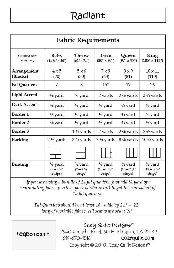 Back of the Radiant Downloadable Pattern by Cozy Quilt Designs