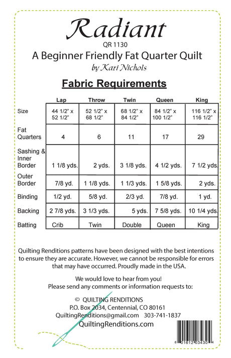 Back of the Radiant Downloadable Pattern by Quilting Renditions