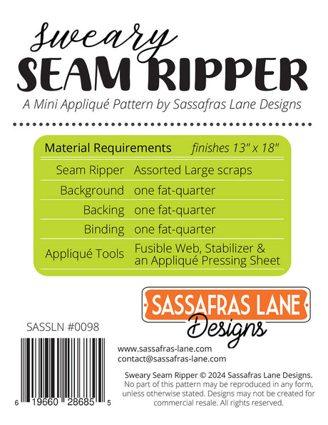 Back of the Sweary Seam Ripper Quilt Pattern by Sassafras Lane Designs