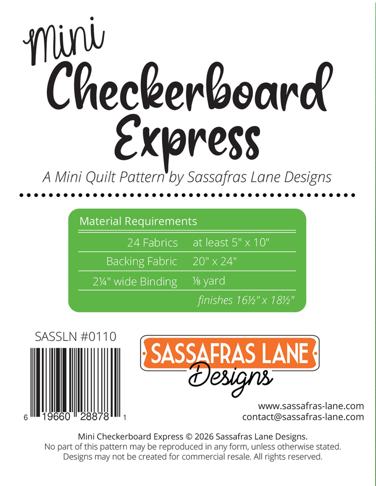 Back of the Mini Checkerboard Express Quilt Pattern by Sassafras Lane Designs