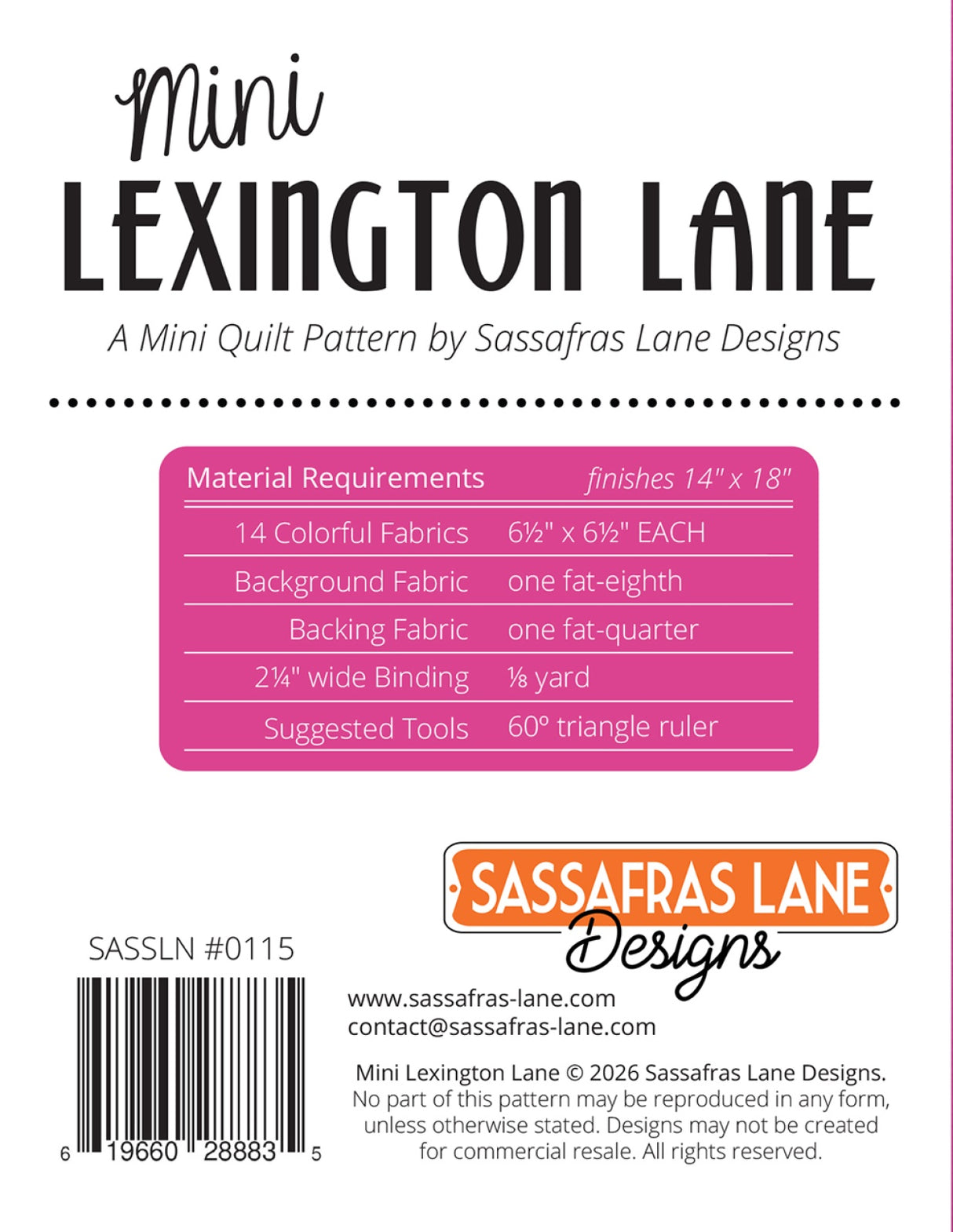 Back of the Mini Lexington Lane Quilt Pattern by Sassafras Lane Designs