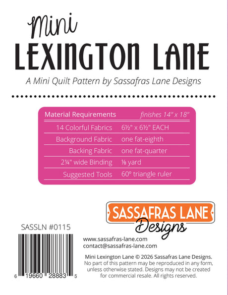 Back of the Mini Lexington Lane Quilt Pattern by Sassafras Lane Designs