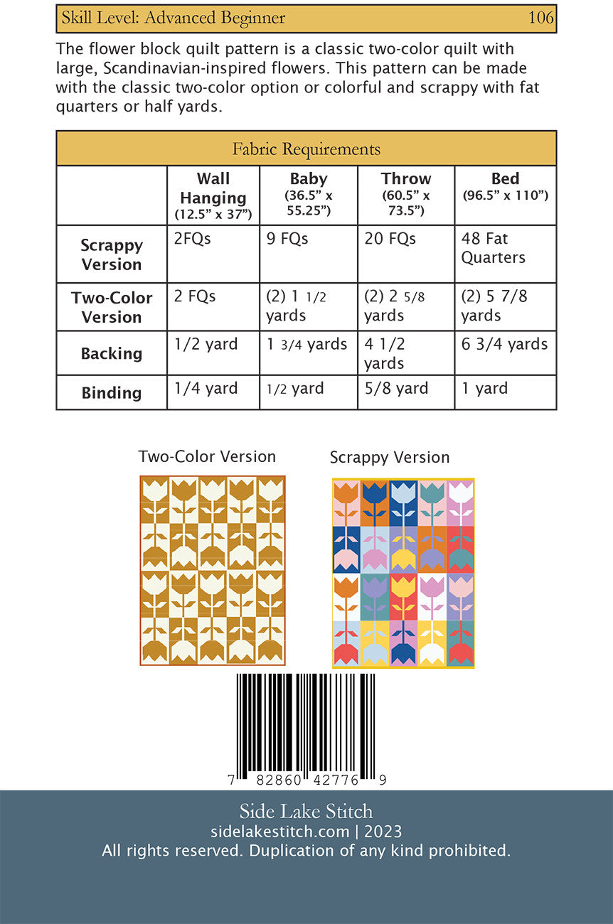 Back of the Flower Block Quilt Pattern by Side Lake Stitch