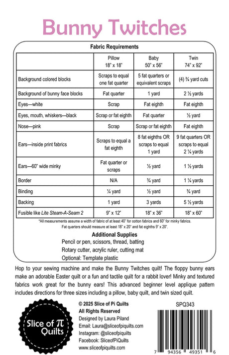 Back of the Bunny Twitches Quilt Pattern by Slice of Pi Quilts