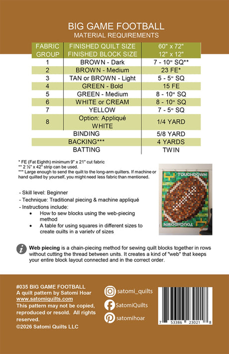 Back of the Big Game Football Quilt Pattern by Satomi Quilts LLC