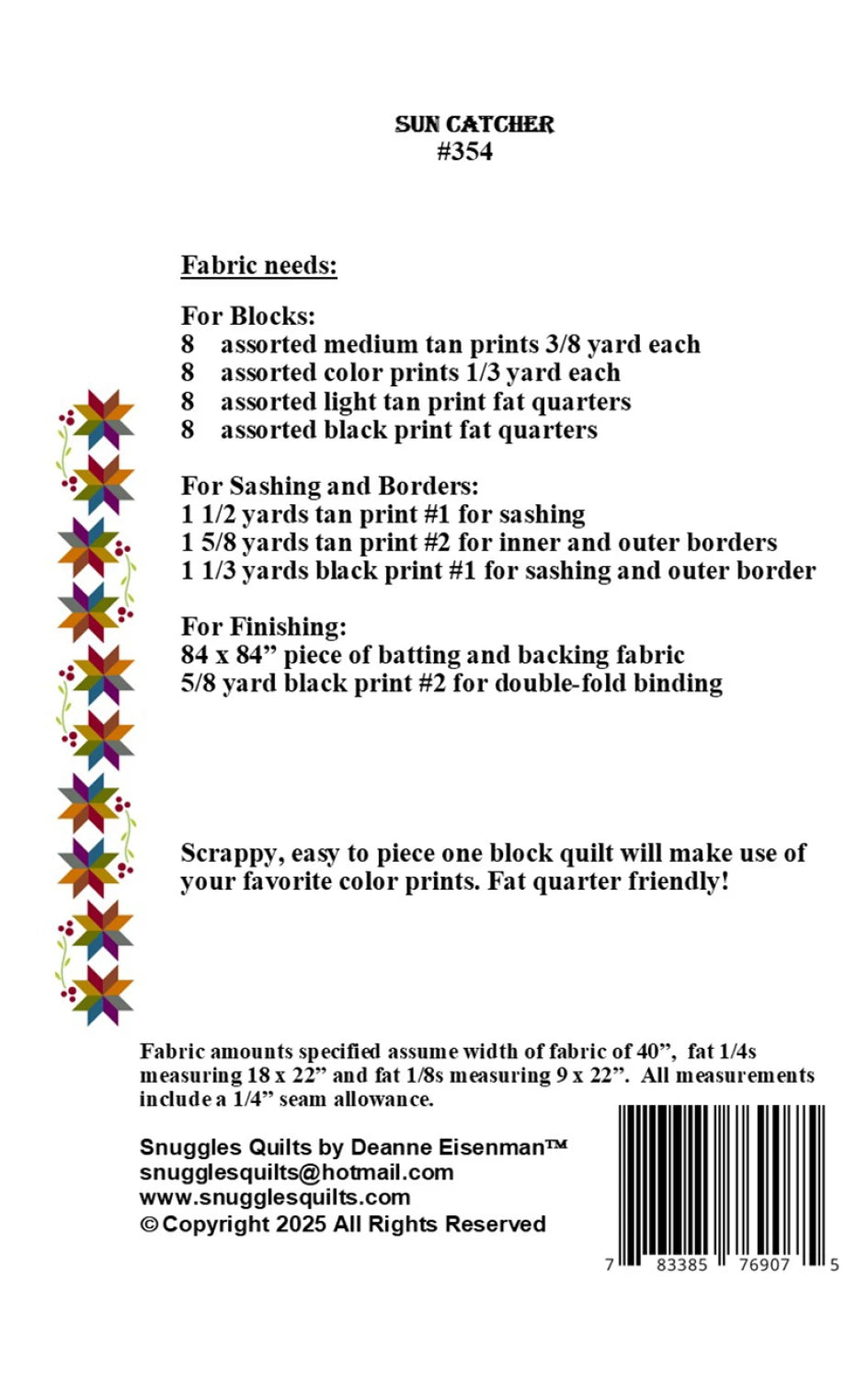 Back of the Sun Catcher Quilt Pattern by Snuggles Quilts