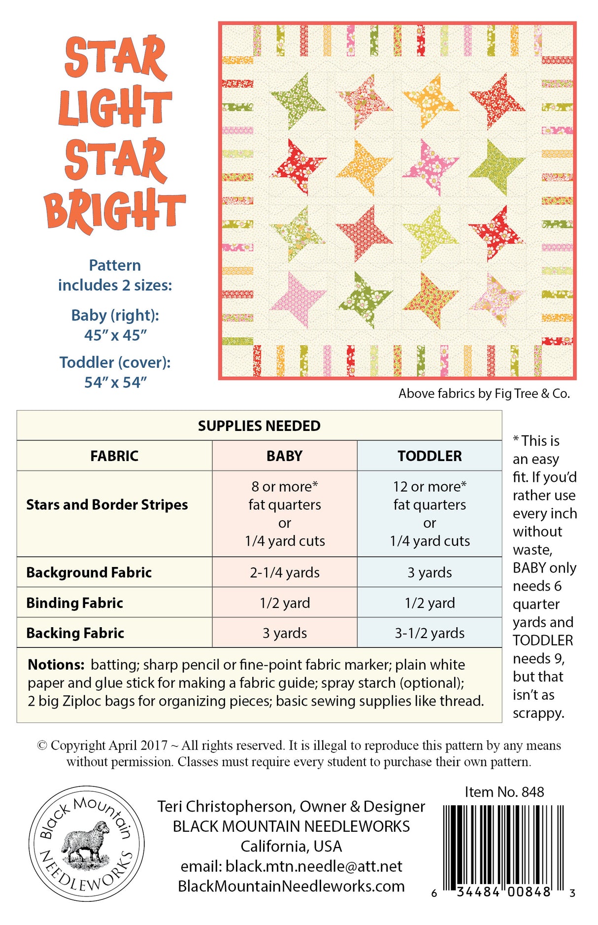 Back of the Star Light Star Bright Quilt Pattern by Black Mountain Needleworks