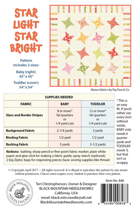 Back of the Star Light Star Bright Quilt Pattern by Black Mountain Needleworks