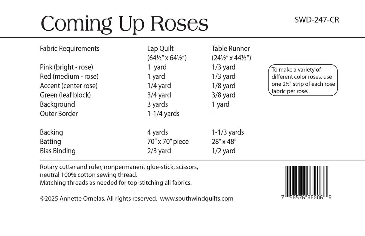 Back of the Coming Up Roses Quilt Pattern by Southwind Designs