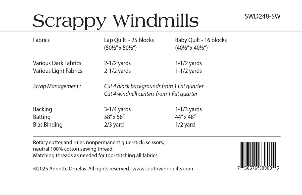 Back of the Scrappy Windmills Quilt Pattern by Southwind Designs