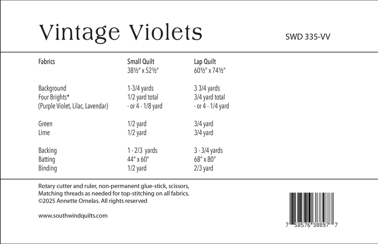 Back of the Vintage Violets Quilt Pattern by Southwind Designs