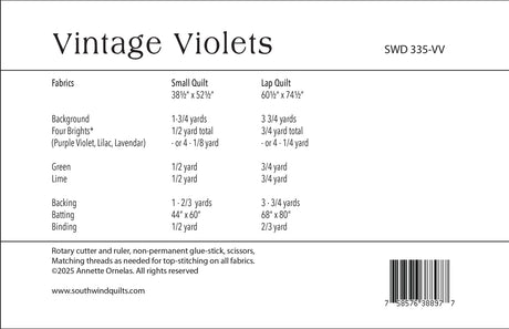 Back of the Vintage Violets Quilt Pattern by Southwind Designs