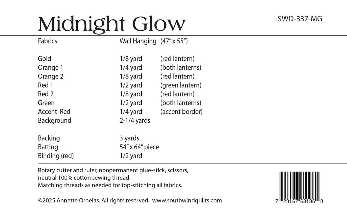 Back of Midnight Glow Quilt Pattern - Southwind Designs - 12" x 15"