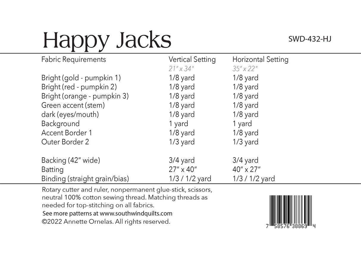 Back of the Happy Jacks Quilt Pattern by Southwind Designs