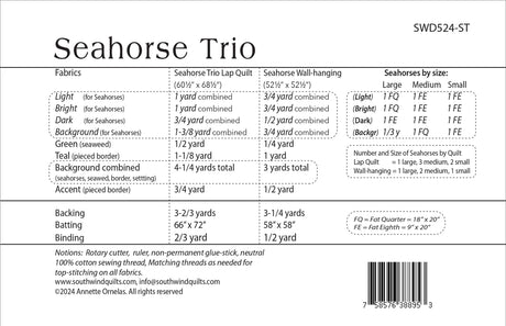 Back of the Seahorse Trio Quilt Pattern by Southwind Designs