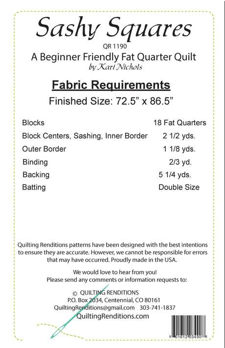 Back of the Sashy Squares Pattern by Quilting Renditions