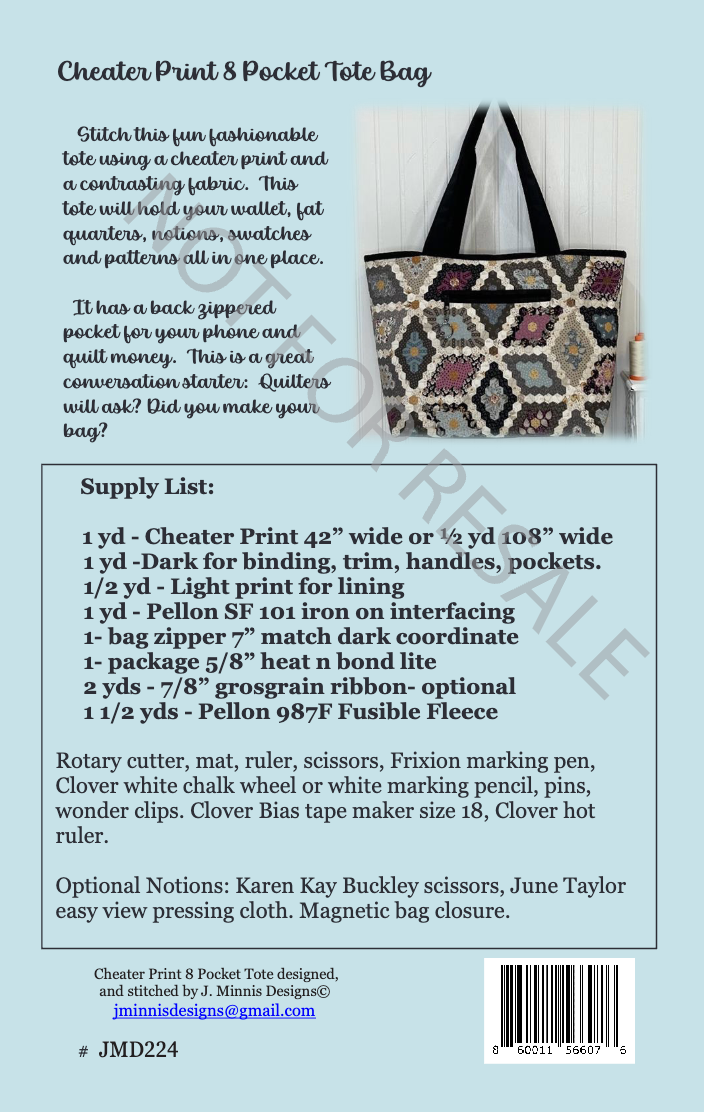 Back of the Cheater Print 8 Pocket Tote Bag Pattern by J. Minnis Designs