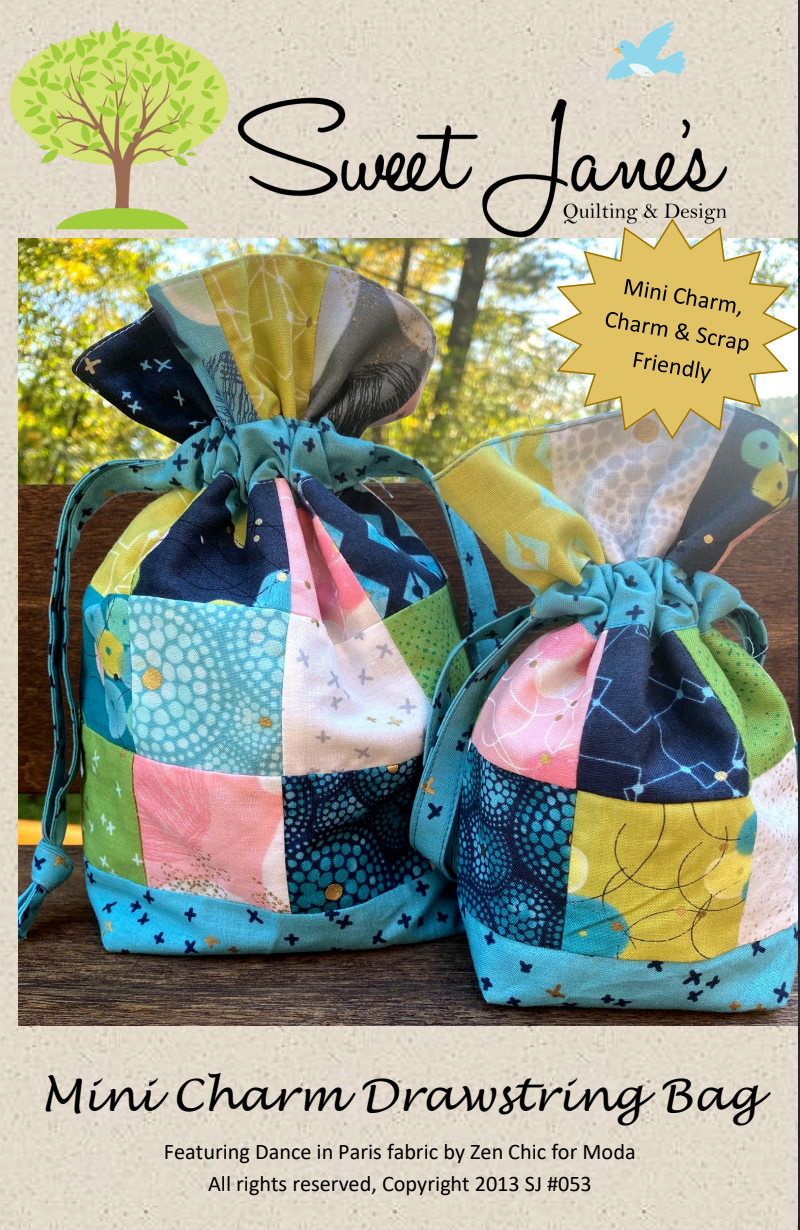 Mini Charm Drawstring Bag Downloadable Pattern by Sweet Janes Quilting and Design