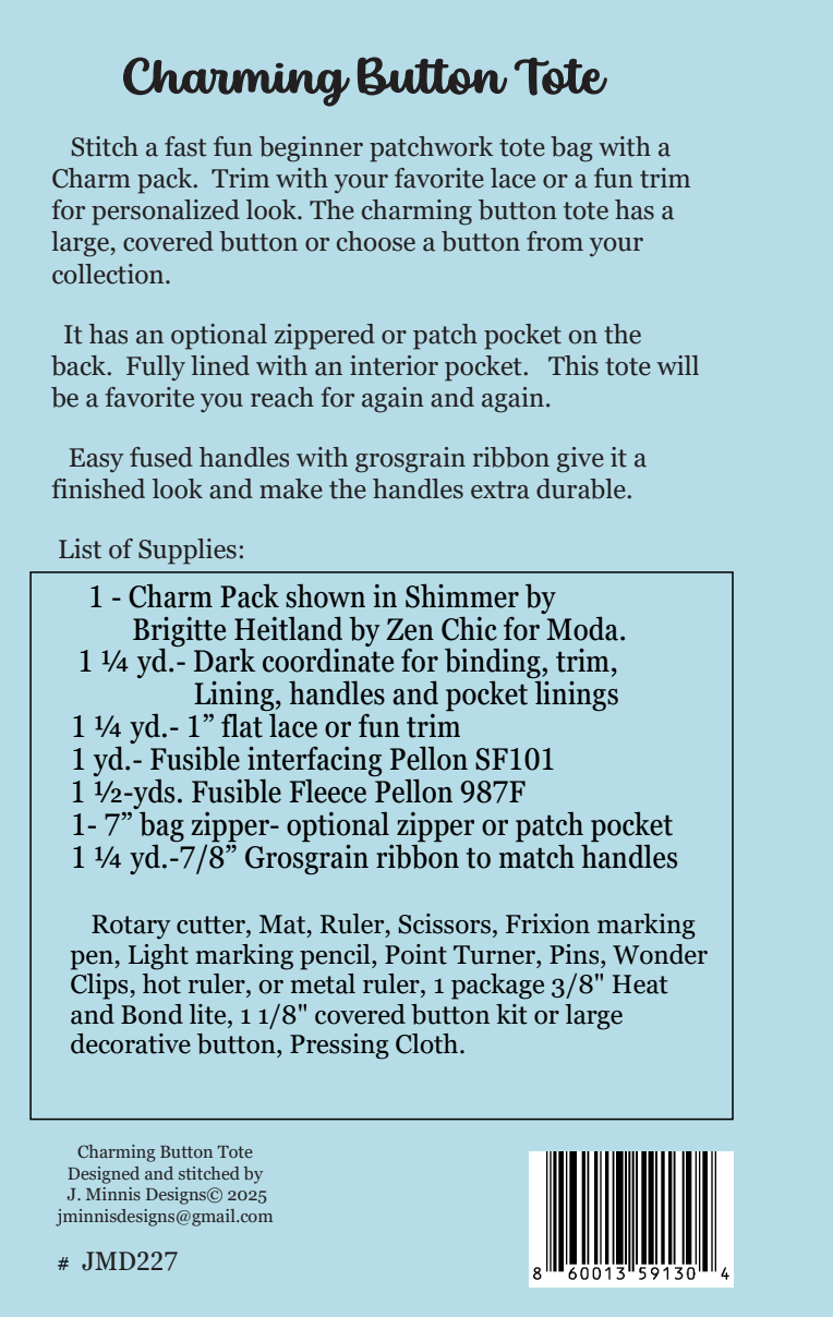 Back of the Charming Button Tote Downloadable Pattern by J. Minnis Designs