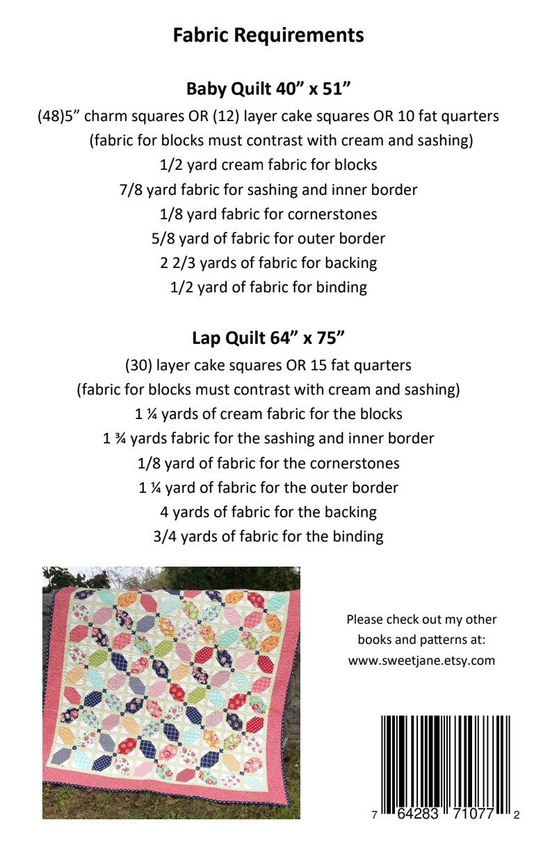 Back of the Downloadable Pattern by Sweet Janes Quilting and Design