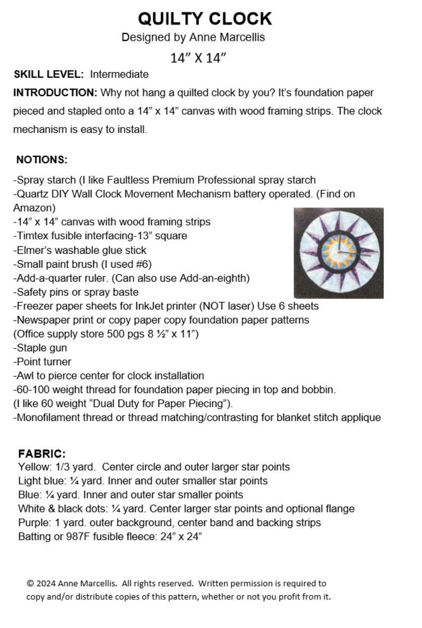 Back of the Quilty Clock Downloadable Pattern by Sam Quilt Designs