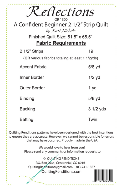 Back of the Reflections Downloadable Pattern by Quilting Renditions