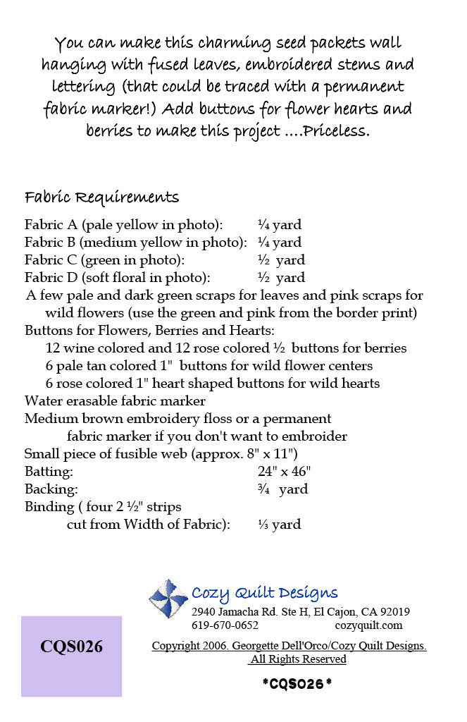 Back of the Seeds to Sew Downloadable Pattern by Cozy Quilt Designs