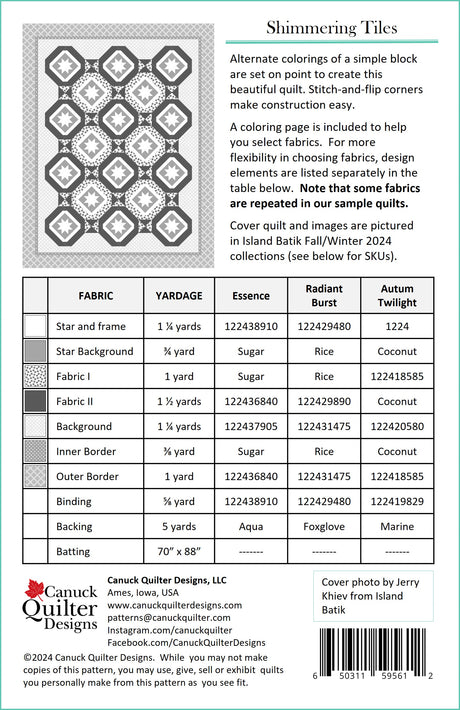 Back of the Shimmering Tiles Downloadable Pattern by Canuck Quilter Designs