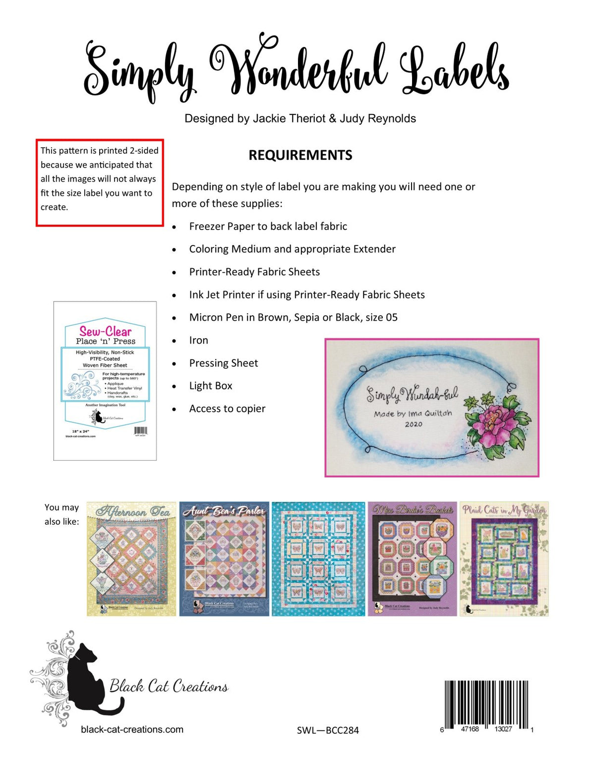 Back of the Simply Wonderful Labels Downloadable Pattern by Black Cat Creations