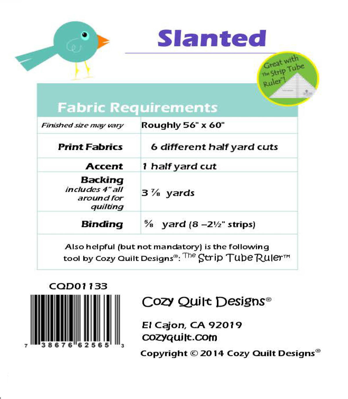 Back of the Slanted Downloadable Pattern by Cozy Quilt Designs
