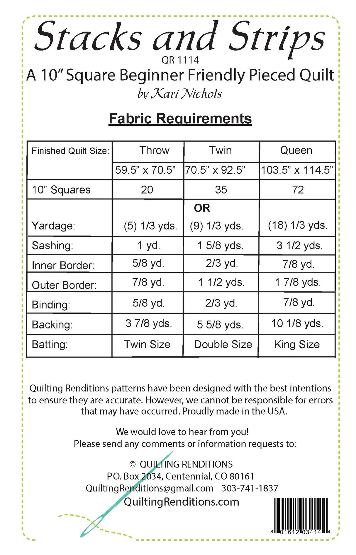 Back of the Stacks and Strips Pattern by Quilting Renditions