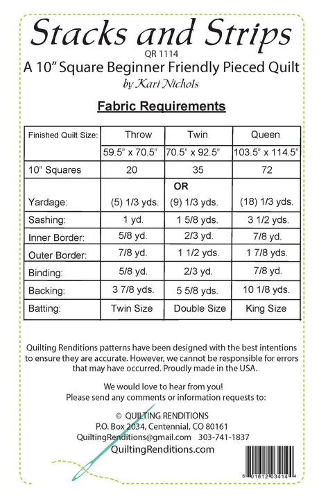 Back of the Stacks and Strips Pattern by Quilting Renditions